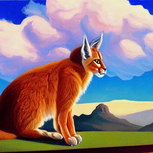 Image similar to a very detailed painting of giant cute fluffy caracal, blue sky with very aesthetic stylized clouds, there is a city with futuristic buildings in the back, there are blue mountains in the back, in the style of edward hopper and hugo pondz, very fine brushstrokes, 4 k,