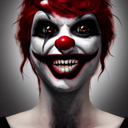 Image similar to A high quality photograph of a smiling goth-clown hybrid with red hair, trending on artstation, cute