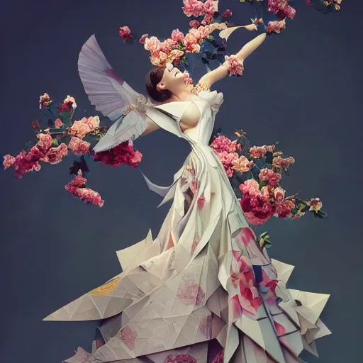 Image similar to 3 / 4 view of a beautiful girl wearing an origami dress, eye - level medium shot, fine floral ornaments in cloth and hair, hummingbirds, elegant, by eiko ishioka, givenchy, andrew atroshenko, by peter mohrbacher, centered, fresh colors, origami, fashion, detailed illustration, vogue, japanese, reallusion character creator