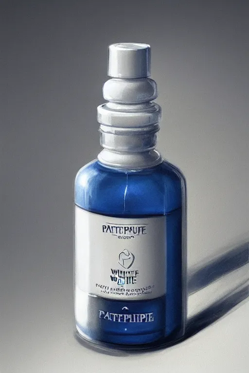 Image similar to concept art of a patek philippe white dietary supplement in a transparent bottle with big black sticker on it by aenaluck, artgerm and roberto ferri and greg rutkowski, blue and white tones, digital painting, artstation, concept art, smooth, sharp foccus ilustration hq