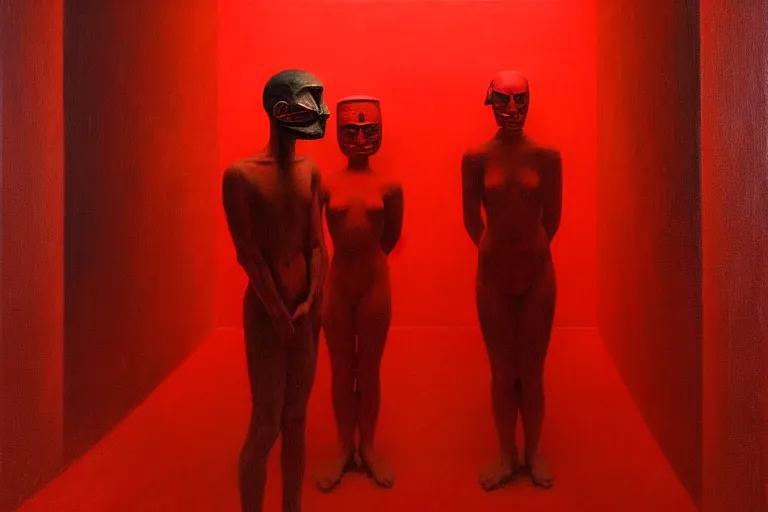 Image similar to only with red, red art thieves with disney masks, in a museum with contemporary art paintings, in the style of beksinski, parts by edward hopper, parts by rodcenko, parts by yue minjun, intricate and epic composition, red by caravaggio, insanely quality, highly detailed, masterpiece, red light, artstation, 4 k