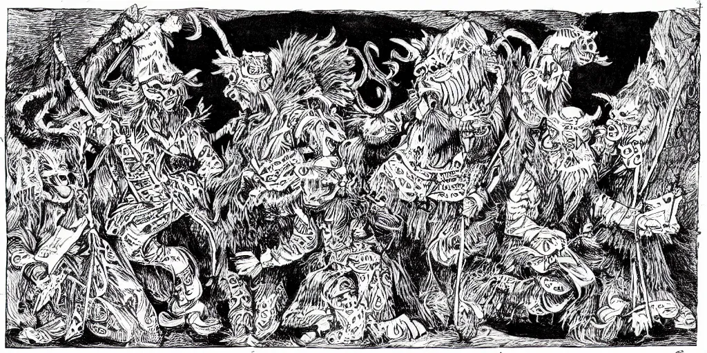 Prompt: scan of book with intricate ink drawings of tyrolean folklore masks, krampus, folklore, dance, dolomites, scary dark, dark ink, old paper