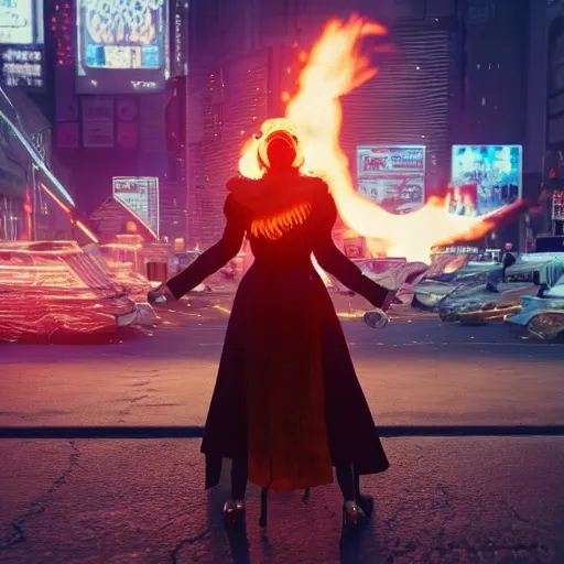 Image similar to beautiful young blonde russian woman from back with flames dancing on her hands with very long jacket in cyberpunk city, realistic, high definition, 4K, shimmering color, art of unreal engine 5