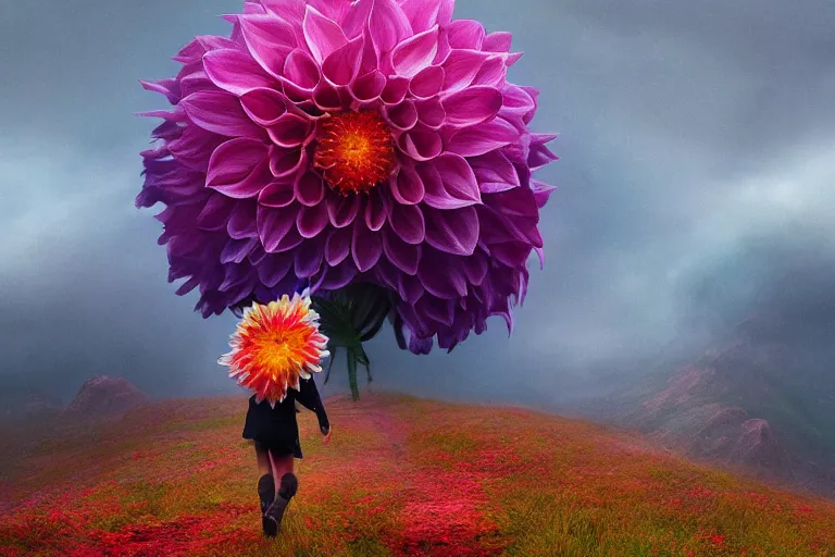 Image similar to giant dahlia flower head, girl walking on mountain, surreal photography, storm clouds, dramatic light, impressionist painting, digital painting, artstation, simon stalenhag