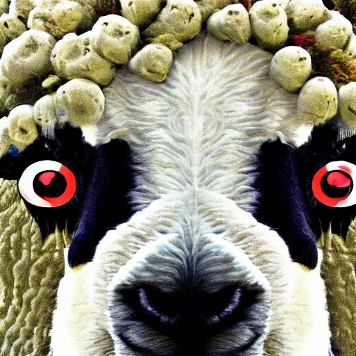 Prompt: camera bouquet effect photo of sheep unlocking sharingan, eye detailed,