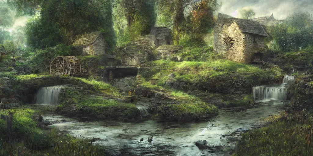 Image similar to a small surreal serene fantasy village on the edge of the woods, small stream, water wheel, by alan lee, lord of the rings, smooth, detailed terrain, oil painting, matte painting, concept art, trending on artstation