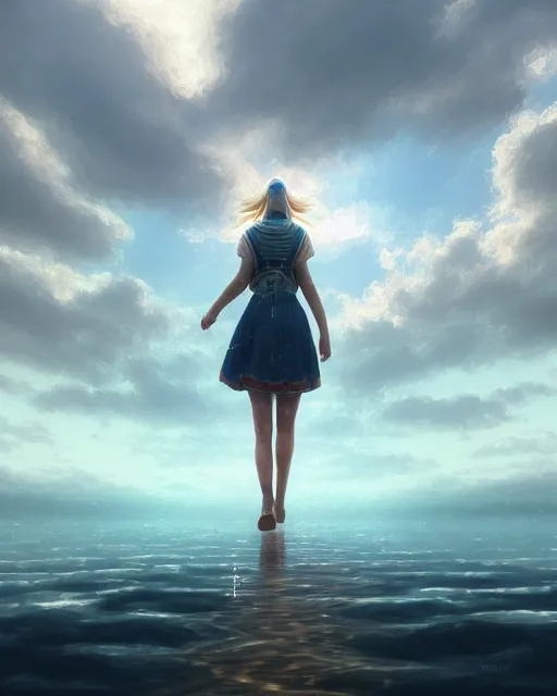 Prompt: photo of girl walking along train tracks sub submerged under a few inches of water, large white clouds in the distance, intricate, elegant, highly detailed, digital painting, artstation, concept art, smooth, sharp focus, illustration, art by artgerm and greg rutkowski and fra angelico