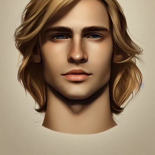 Image similar to a young blond man with long hair wearing a brown shirt, clean shaved, a character portrait by lydia field emmet, trending on cg society, photorealism, wiccan, handsome, ilya kuvshinov