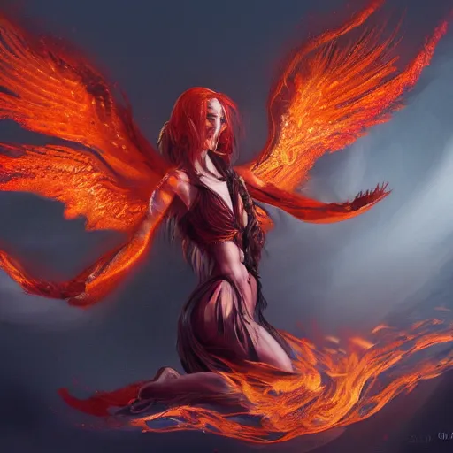 Image similar to detailed portrait of a fiery phoenix woman rising from fire spreading her wings with fiery marks all across her body, magically, magic, fire, realism, ruby, sunlit, dark fantasy, dramatic lighting, cgsociety, artstation