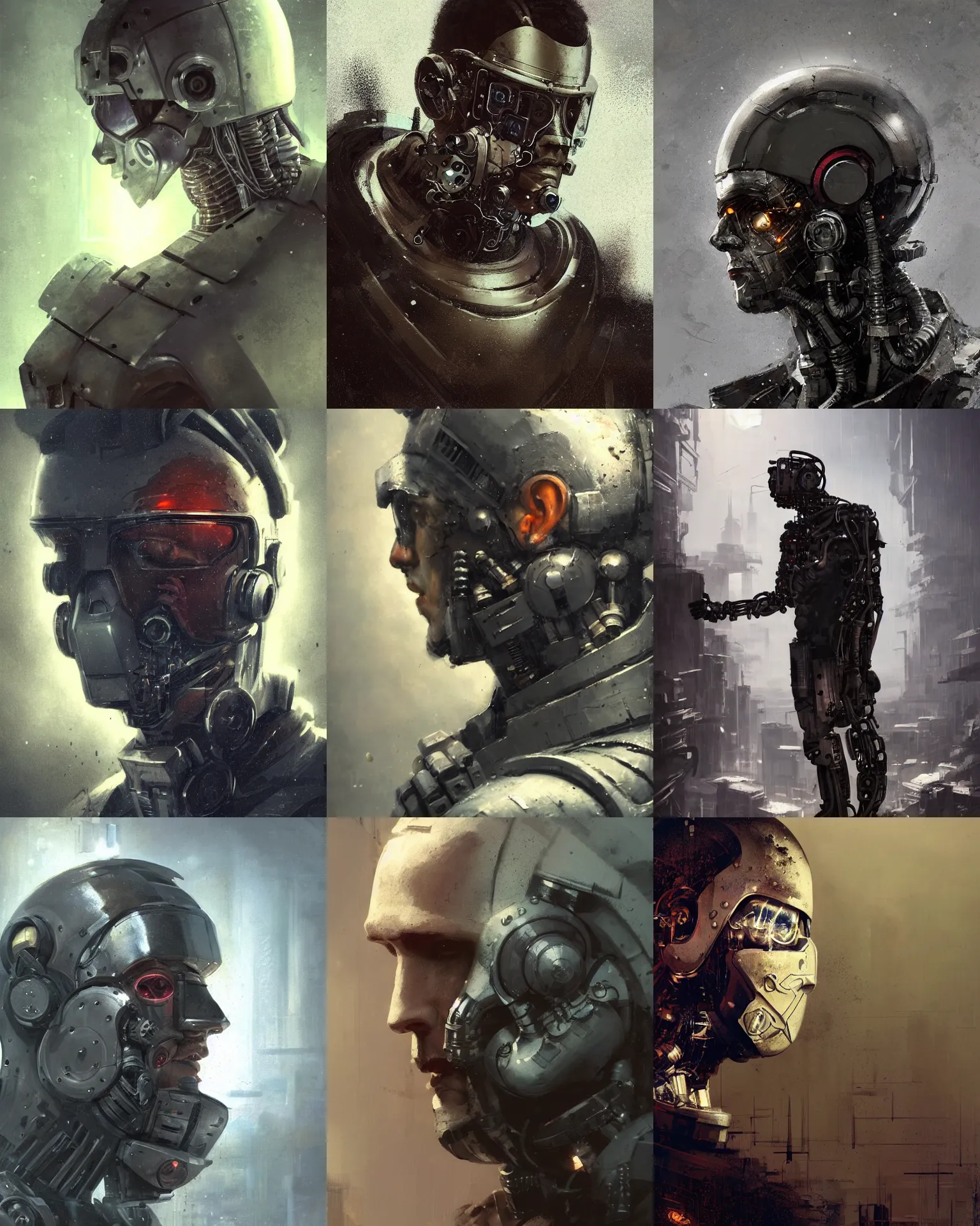 Prompt: a masked rugged laboratory engineer man with cybernetic enhancements as seen from a distance, scifi character portrait by greg rutkowski, craig mullins, daytoner, 1 / 4 headshot, cinematic lighting, dystopian scifi outfit, gloomy, profile picture, mechanical, cyborg, half robot, implants, dieselpunk