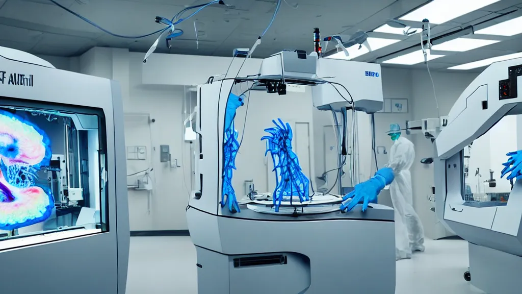 Image similar to a complex bifurcated surgical arm hybrid mri 3 d printer machine making colorful mutant forms with control panels in the laboratory inspection room, film still from the movie directed by denis villeneuve with art direction by salvador dali, wide lens