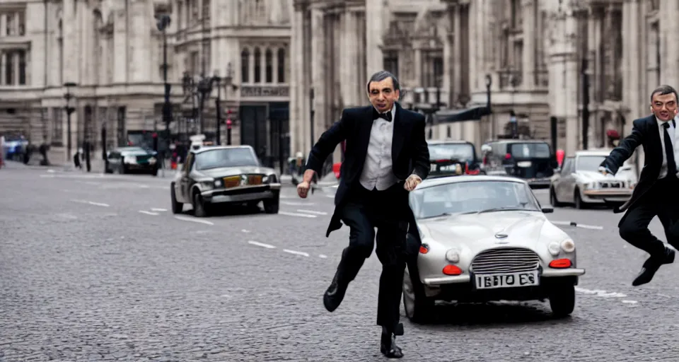 Image similar to mr bean as james bond running down the street in london, 4 0 mm f / 2. 8, cinematic, cool, anamorphic, dramatic