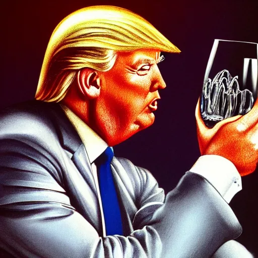 Prompt: donald trump holding a glass of water detailed hyperrealistic illustration done by hr giger