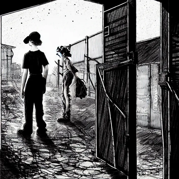 Image similar to sadie sink in dirty workmen clothes waves goodbye to workmen. near a gate. background : factory, dirty, polluted. technique : black and white pencil and ink. by gabriel hardman, joe alves, chris bonura. cinematic atmosphere, detailed and intricate, perfect anatomy