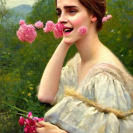 Prompt: laughing mouth open thick paint brush strokes full body fashion model emma watson by Jeremy Lipking by Hasui Kawase by Richard Schmid (((smokey eyes makeup eye shadow fantasy, glow, shimmer as victorian woman in a long white frilly lace dress and a large white hat having tea in a sunroom filled with flowers, roses and lush fern flowers ,intricate, night, highly detailed, dramatic lighting))) , high quality