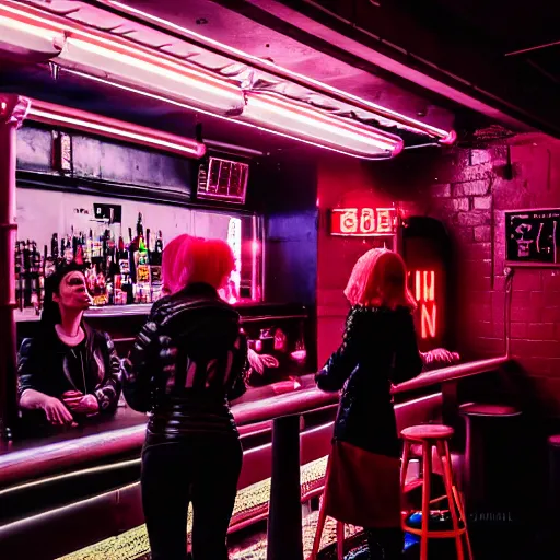 Image similar to photograph of a retro techwear group of women loitering near the bar of a packed busy rundown nightclub, retrofuturism, brutalism, cyberpunk, sigma 85mm f/1.4, 15mm, 35mm, long exposure, 4k, high resolution, 4k, 8k, hd, wide angle lens, highly detailed, full color, harsh light and shadow