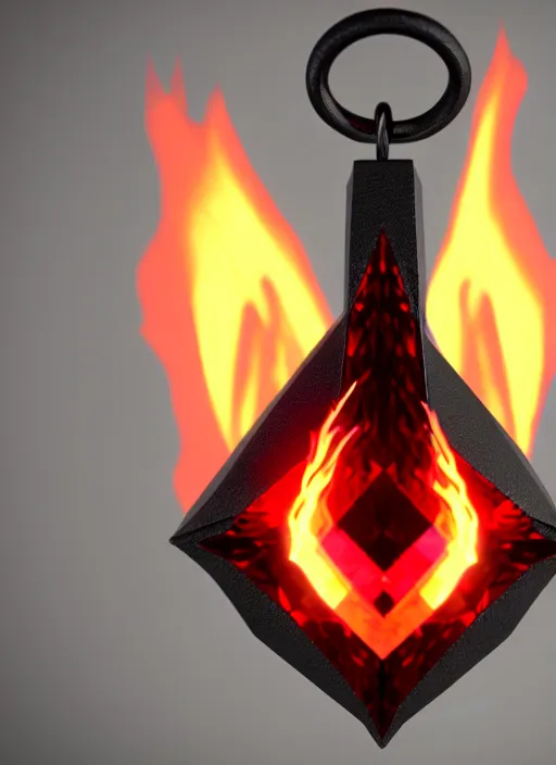 Image similar to rpg item, a black necklace with a bright red diamond in flames, Unreal 5, DAZ, hyperrealistic, rpg style, octane render, dynamic lighting