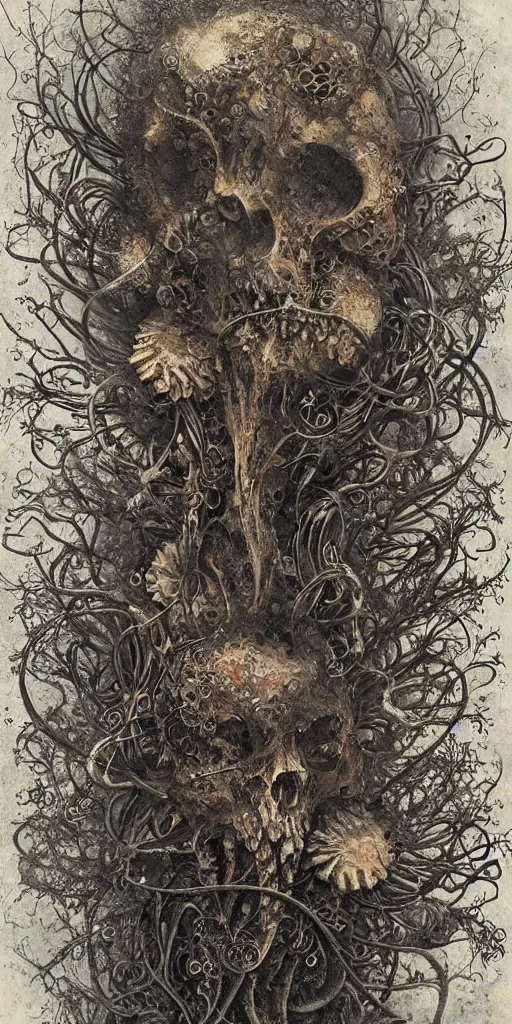 Image similar to abstract, fractal, liquid, melting, swirls, knots, weave, ink, flowers, leaves, gears, wires, bones, skulls, tentacles by hr giger and agostino arrivabene