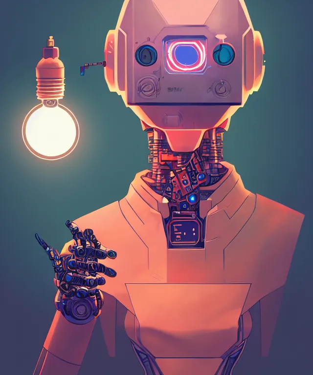 Image similar to a portrait of a cyberpunk robot holding a light bulb, fantasy, elegant, digital painting, artstation, concept art, matte, sharp focus, illustration, art by josan gonzalez