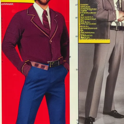 Image similar to shot from a 1 9 7 4 sears catalog of ron burgundy modeling mens clothing, high detail, photorealistic,