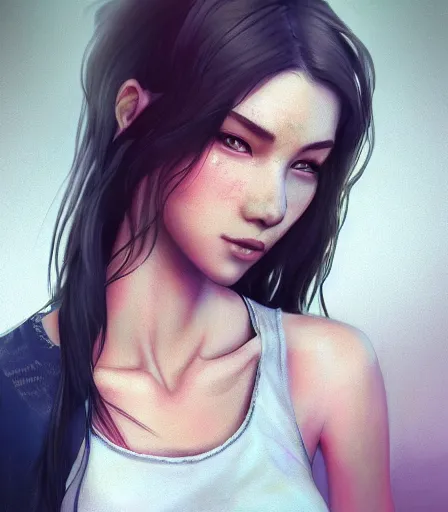 Image similar to drawing of a woman with a pretty face, a perfect body, wearing casual clothes, character design by charlie bowater, ross tran, artgerm, and makoto shinkai, detailed, soft lighting, rendered in octane