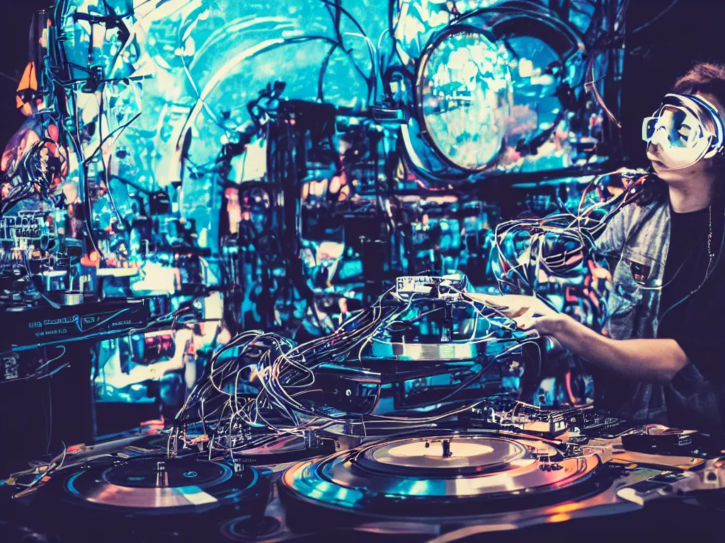 Image similar to a person wearing goggles and visor and headphones using a steampunk record player contraption, wires and tubes, turntablism dj scratching, intricate planetary gears, cinematic, imax, sharp focus, leds, bokeh, iridescent, black light, fog machine, hazy, lasers, hyper color digital art, cyberpunk