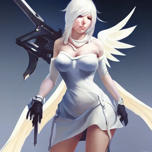 Prompt: greg manchess painting of a 2 yorha type a no. 2 as mercy from overwatch!! in a wartorn environment!!, white long hair, large white wings, trending on artstation, by huang guangjian and gil elvgren and sachin teng