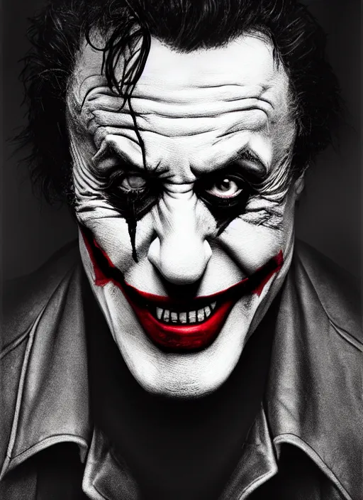 Image similar to photo of Sylvester Stallone as the Joker by Lee Jeffries , big smile, head shot, detailed, award winning, Sony a7R