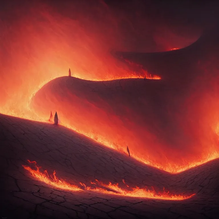 Prompt: one lone singular swirling otherworldly demonic figure shrouded in flames emerges from extensive barren grey charcoal dunescape, flames, matte painting by peter mohrbacher and filip hodas, background colosseum!, godrays, high contrast, highly detailed