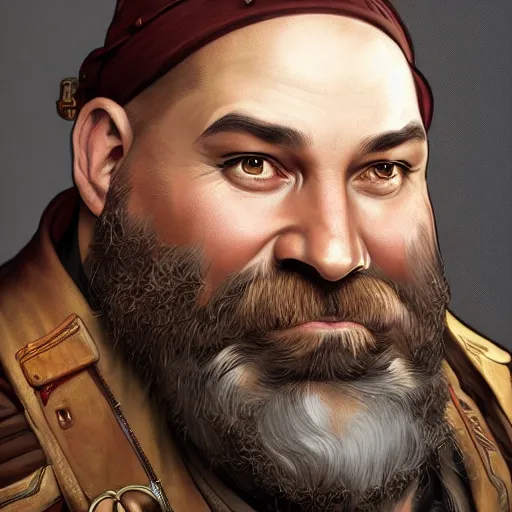 Image similar to Three quarters portrait of a bald male steampunk dwarf with long brown beard, highly detailed, digital painting, art by Stanley Lau and Artgerm and magali villeneuve and Alphonse Mucha, artstation, octane render, cgsociety