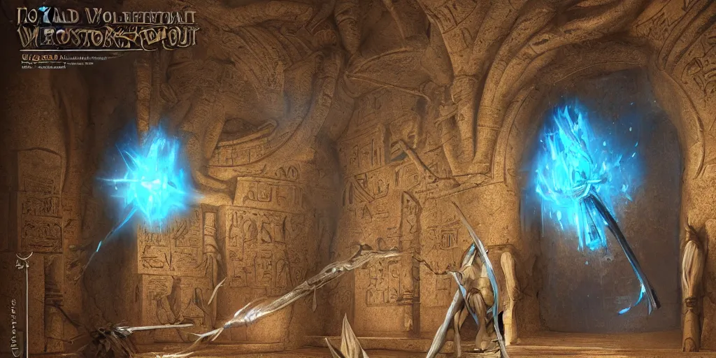 Prompt: old twisted wooden staff weapon with a blue crystal at it's tip, fantasy movie scene greg rutkowski digital painting of an ornate and royal egyptian antechamber tomb, unreal engine, hyper realism, realistic shading, cinematic composition, blender render, octane render, hdr, detailed textures, photorealistic, ultrawide shot, 3 5 mm film