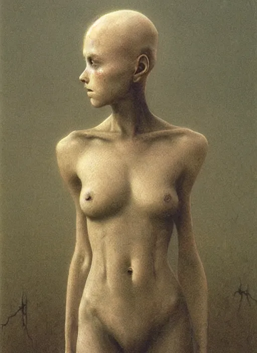 Image similar to bald barbarian teen girl by Beksinski