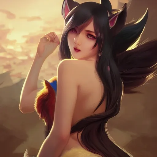 Prompt: Ahri League of Legends with fox fur ears, highly detailed, digital painting, artstation, concept art, smooth, sharp focus, illustration, ArtStation, art by artgerm and greg rutkowski and alphonse mucha and Edmund Blair Leighton and Charlie Bowater