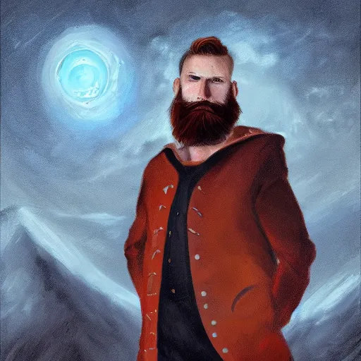 Image similar to grumpy young brown - red haired man with beard, wearing black coat, fire behind him, fire, oil painting, fantasy artwork, fantastic artwork, 4 k, trending on artstation