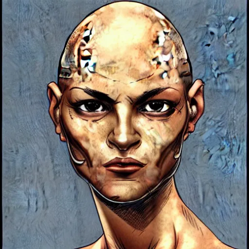 Prompt: intricate portrait, pure skin, bald, short blue hair, in the style of enki bilal!