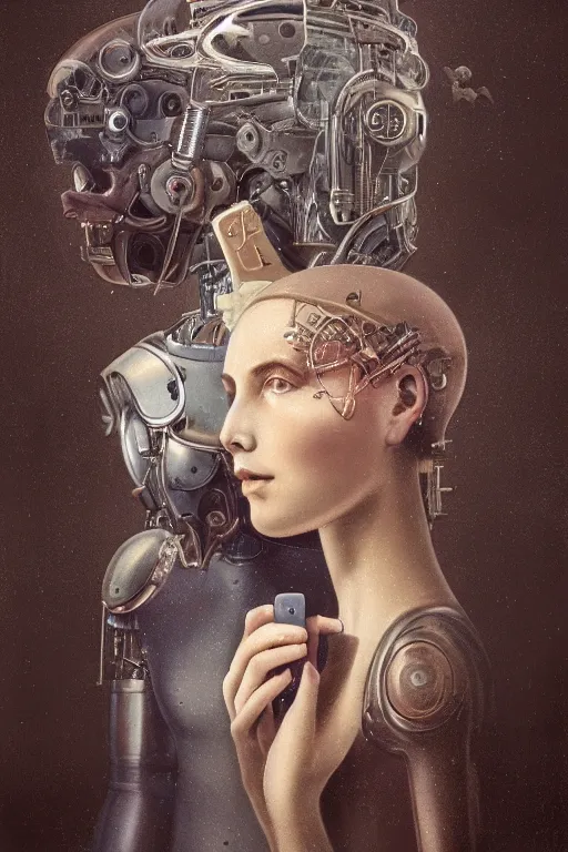 Prompt: a beautiful ultradetailed vintage photo of two cyborgs facing away from each other looking at their cellphones, by tom bagshaw and anna dittman, couples portrait, vignette, 3 5 mm lens, golden ratio composition, detailed faces, studio photography, very detailed, humanoids, industrial robots, artstation, 8 k, highly coherent