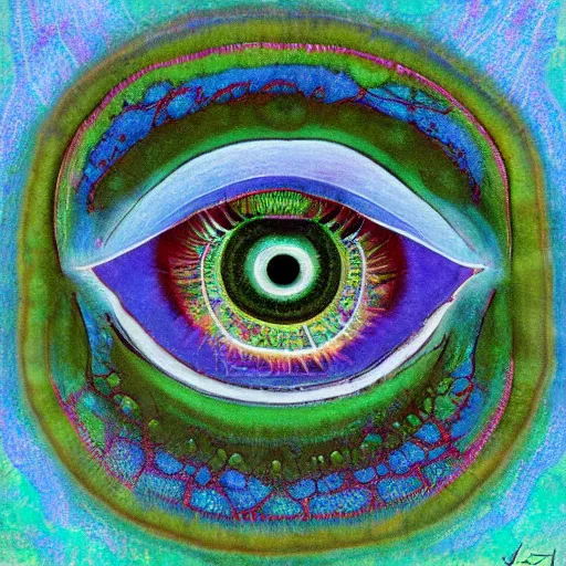 Prompt: A beautiful mixed mediart a large eye that is looking directly at the viewer. The eye is composed of a myriad of colors and patterns, and it is surrounded by smaller eyes. The smaller eyes appear to be in a state of hypnosis, and they are looking in different directions. lawn green by James C. Christensen casual, sad