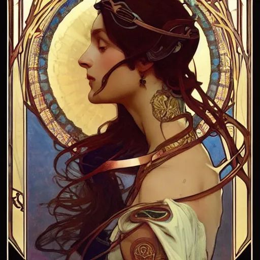 Image similar to seductive science fiction byzantine noble, by alphonse mucha and greg rutkowski