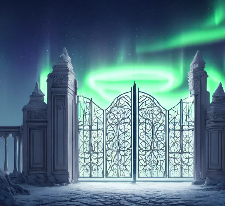 Image similar to a very detailed concept art of intricate and well designed white gates to laplandia, infused with aurora borealis by greg rutkowski, dynamic lighting trending on artstation, symmetry, digital art, 4 k, hyper realistic, octane render, sharp focus