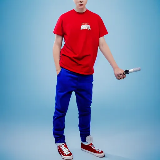 Prompt: a portrait of an average white teenage boy with blue colored hair, wearing a red backwards cap, white t - shirt with a red no symbol on it, blue long pants and red shoes, holding a microphone on a stage, studio lighting, photoshoot