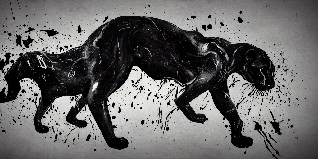 Image similar to the smooth panther, made of smooth black goo, sticky, full of black goo, covered with black goo, splattered black goo, dripping black goo, dripping goo, splattered goo, sticky black goo. concept art, reflections, black goo, animal drawing, digital art, desktop background