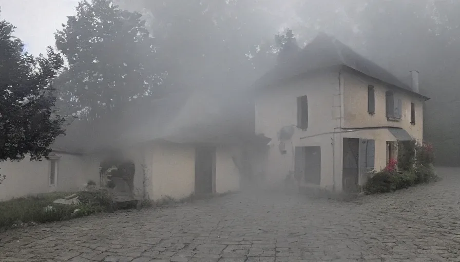 Prompt: mini dv camera found footage of a heavy burning french style little house, heavy rain, foggy, in a small northern french village, heavy grain, very low quality, high detail, dramatic light