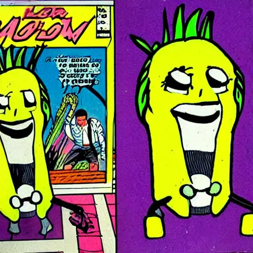 Prompt: a 1 9 8 0 s comic book painting of a nene leeks