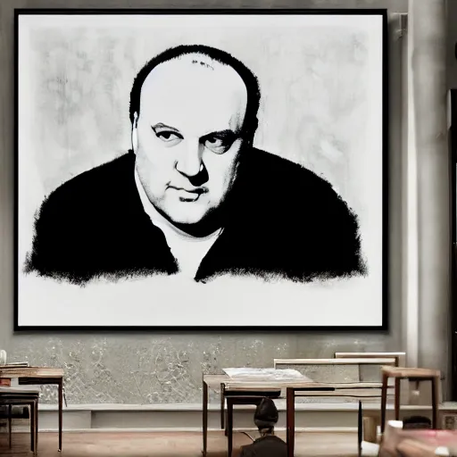 Prompt: painting of Tony soprano in the style of Andy Warhol hung on the wall of a modern art gallery, huge atrium lots of natural light, spectators looking at the painting