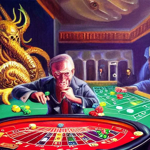 Prompt: oil painting of cthulhu playing in a casino, masterpiece