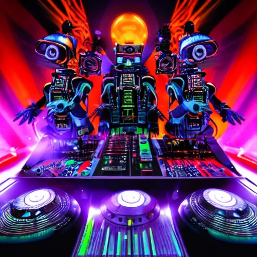 Image similar to album art, the band name is roborock, energetic trance music, band with 3 steampunk robots on a dj desk with a cd mixer, 8 k, flourescent colors, halluzinogenic, multicolored, exaggerated detailed, front shot, 3 d render, octane