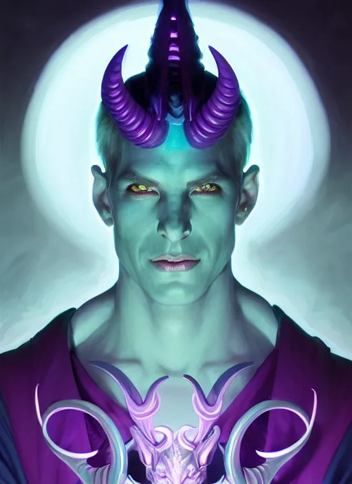 Prompt: symmetry!! portrait of a male purple and teal skinned tiefling with demon horns, glowing lights!! intricate, elegant, highly detailed, digital painting, artstation, concept art, smooth, sharp focus, illustration, art by artgerm and greg rutkowski and alphonse mucha