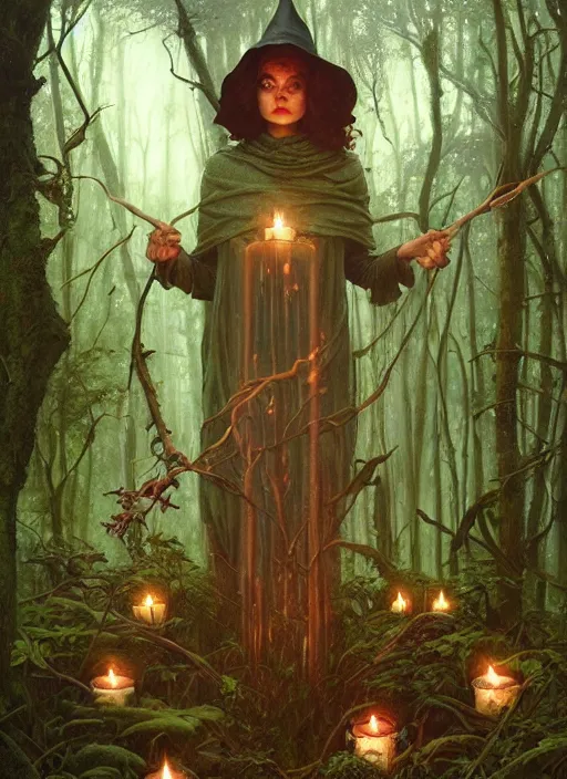 Image similar to a hyper realistic witch shrine, candles, in the woods, distant explosions, gorgeous lighting, lush forest foliage, painting by chiara bautista and tom bagshaw, mucha, beksinski and norman rockwell and greg rutkowski weta studio, and lucasfilm