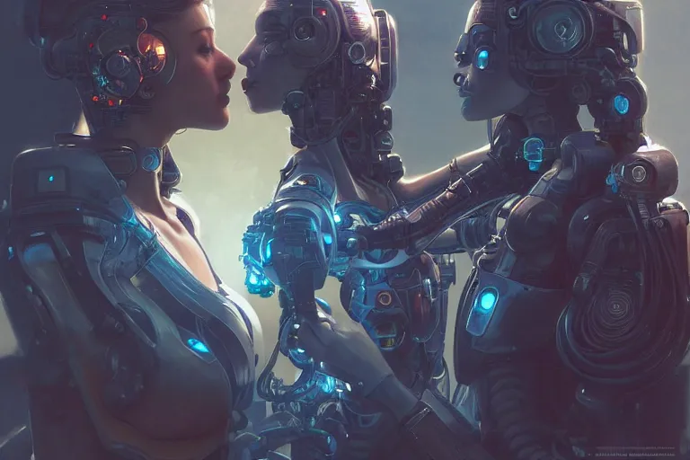 Image similar to Ultra realistic illustration, two women kissing a robot, cyberpunk, sci-fi, fantasy, intricate, elegant, highly detailed, digital painting, artstation, concept art, smooth, sharp focus, illustration, art by artgerm and greg rutkowski and alphonse mucha