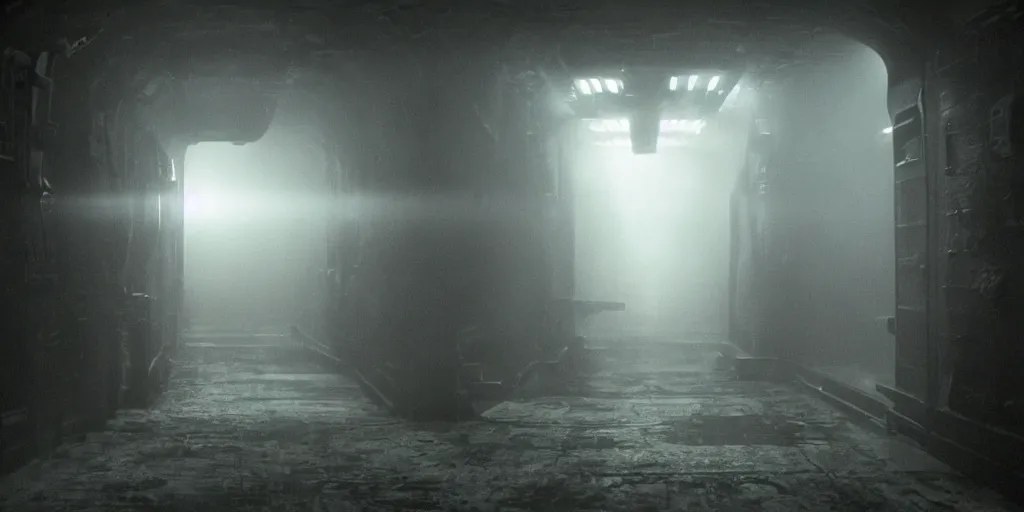 Image similar to a tight shot of a dark Alien ship interior corridor by Ridley Scott with lots of steam, Aliens movie, grainy, moody, dark, bleak